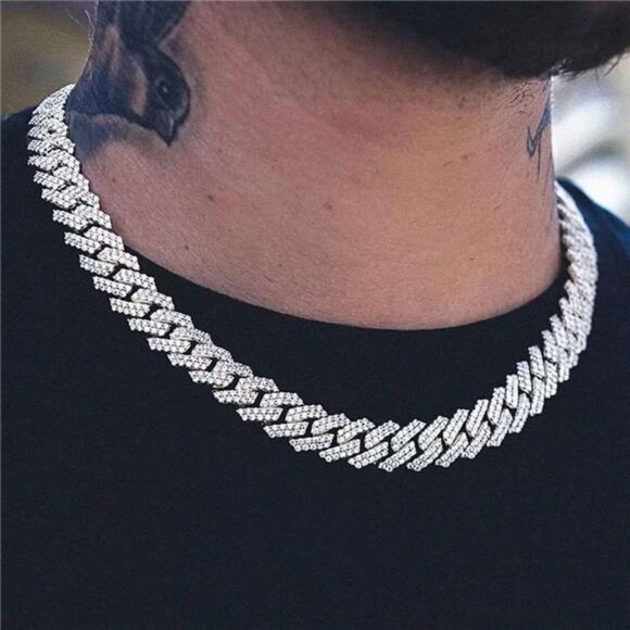 Silver Cuban Link Chain For Men Women Iced Out Chain Miami Cuban Necklace - Picture 3 of 4